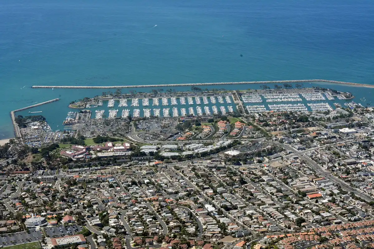 Aerial view of Dana Point Harbor and the town of Dana Point CA, a short drive north of San Clemente