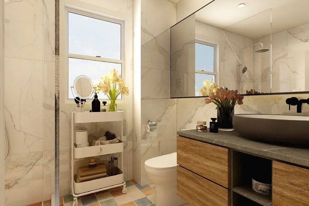 A wall-hung wood bathroom vanity with a vessel basin, open shelf and large mirror in a bathroom of the kind remodelled in San Clemente CA